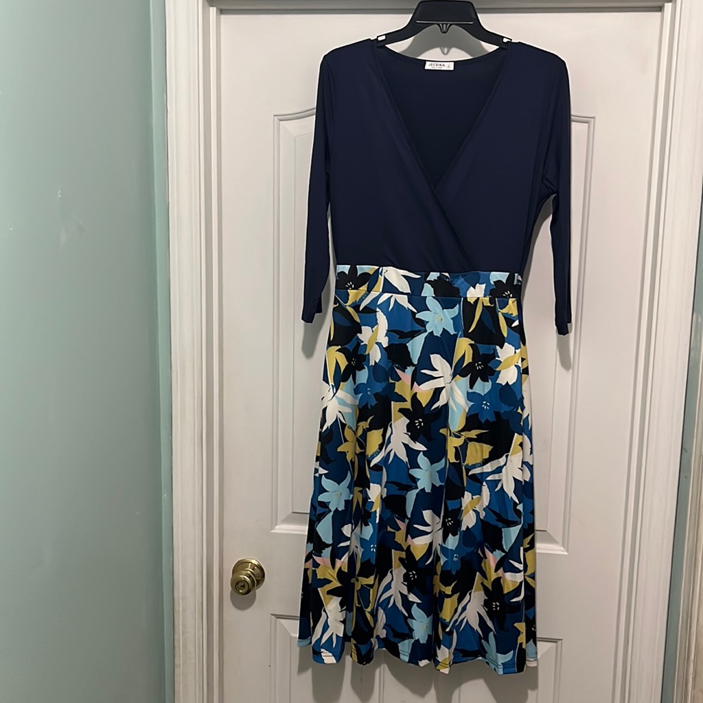 Jeceika Women Wrap Deep V Neck Empire Waist 3/4 Sleeve Dress, Sz: L, New